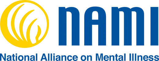 Logo of the national alliance on mental illness (nami), featuring a stylized brain in yellow beside the word "nami" in blue.
